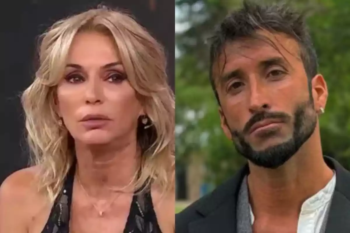 Two people looking forward, a blonde woman with loose hair and a dark-bearded man with an outdoor background.