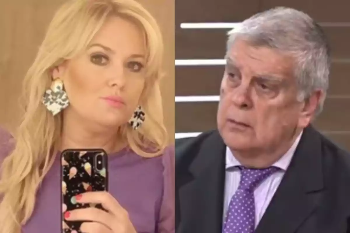 A blonde woman with large earrings and a gray-haired man in a suit and tie appear in a split-screen image.