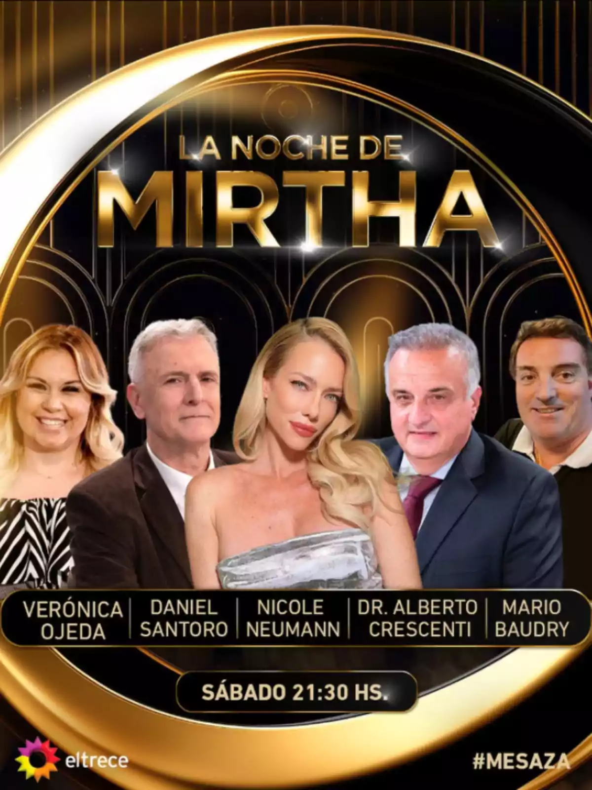 Cinco invitados posan frente al logo dorado de La Noche de Mirtha junto a sus nombres y el horario del programa en la pantalla de eltrece Cinco invitados posan frente al logo dorado de La Noche de Mirtha junto a sus nombres y el horario del programa en la pantalla de eltrece