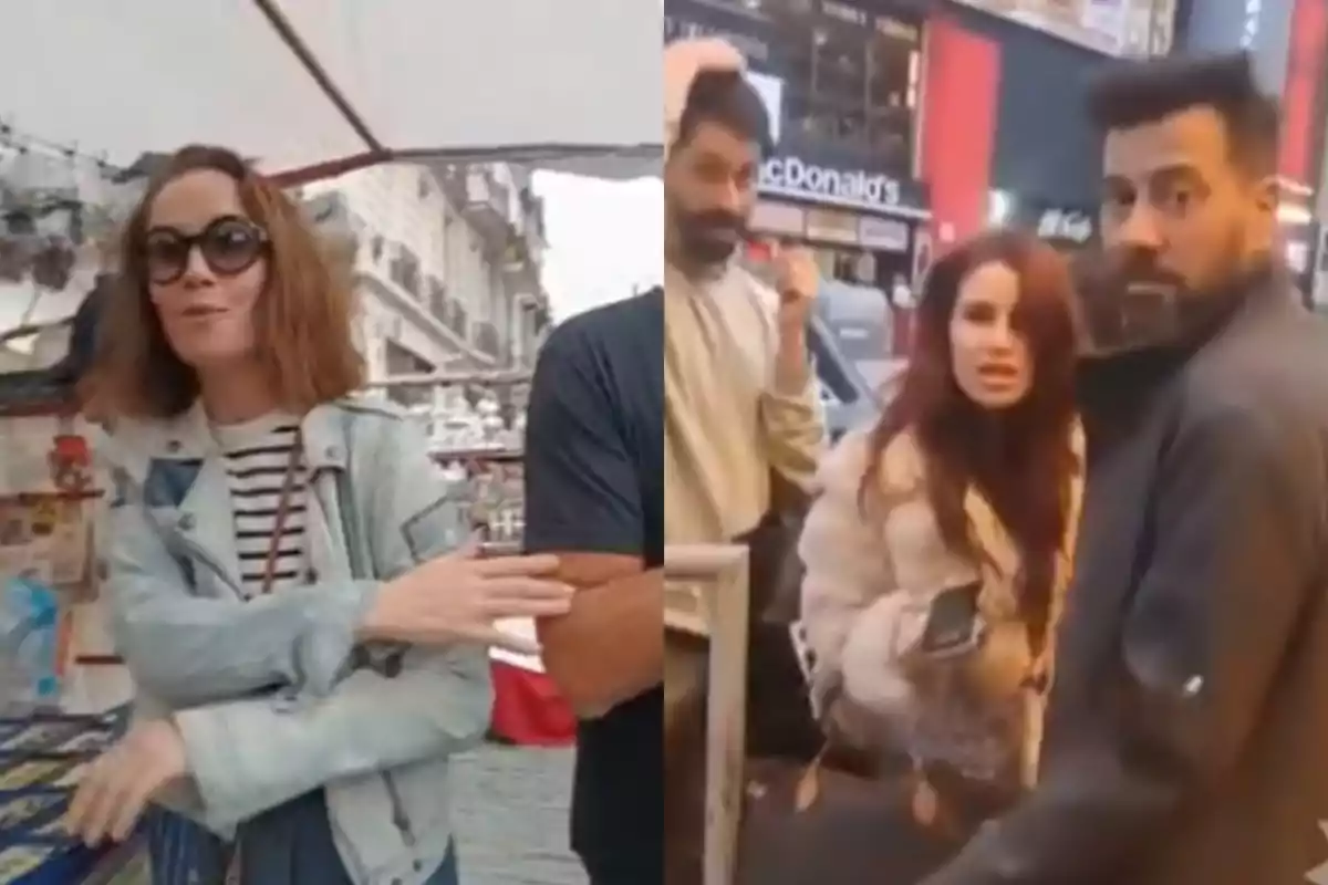 Two different urban scenes show several people interacting on the street, one in an open-air market and the other in a busy shopping area. Two different urban scenes show several people interacting on the street, one in an open-air market and the other in a busy shopping area.