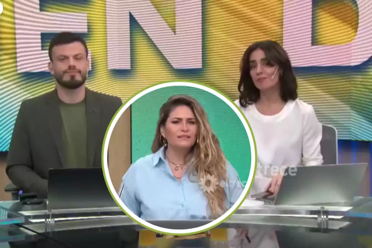 Two news anchors are sitting in front of desks with laptops and a colorful screen in the background, while a woman appears in a circle at the center of the image.