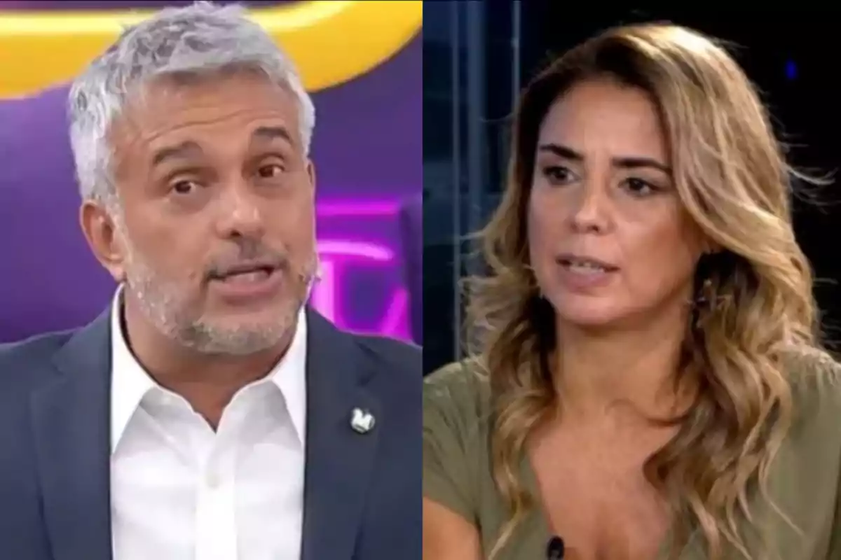 Un hombre de cabello canoso y barba corta viste saco oscuro y camisa blanca mientras una mujer de cabello rubio ondulado lleva una blusa verde y ambos parecen estar en un programa de televisión