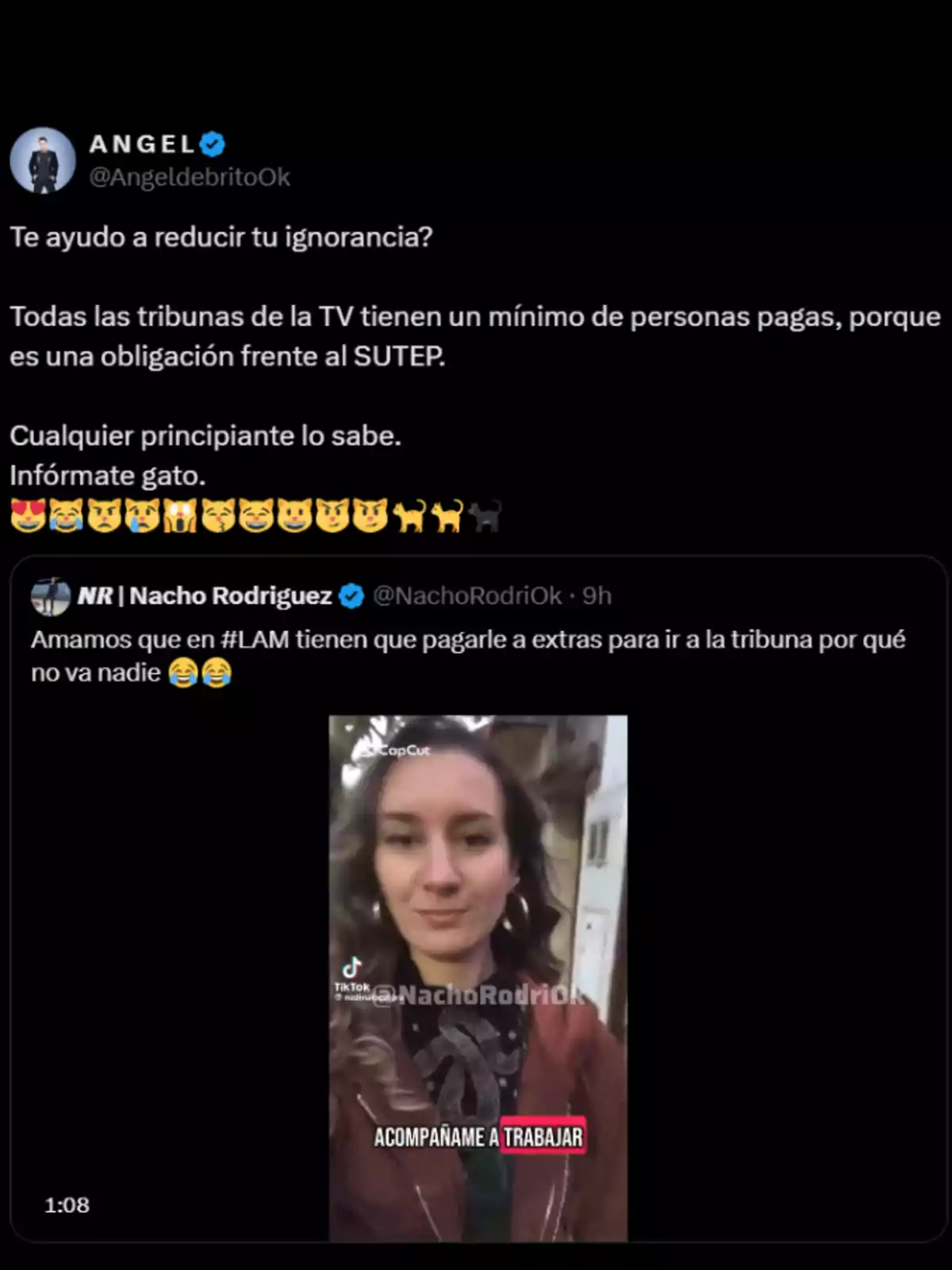Screenshot of a conversation on Twitter where two users discuss paying extras to attend TV show audiences, accompanied by a video of a woman with the text Screenshot of a conversation on Twitter where two users discuss paying extras to attend TV show audiences, accompanied by a video of a woman with the text
