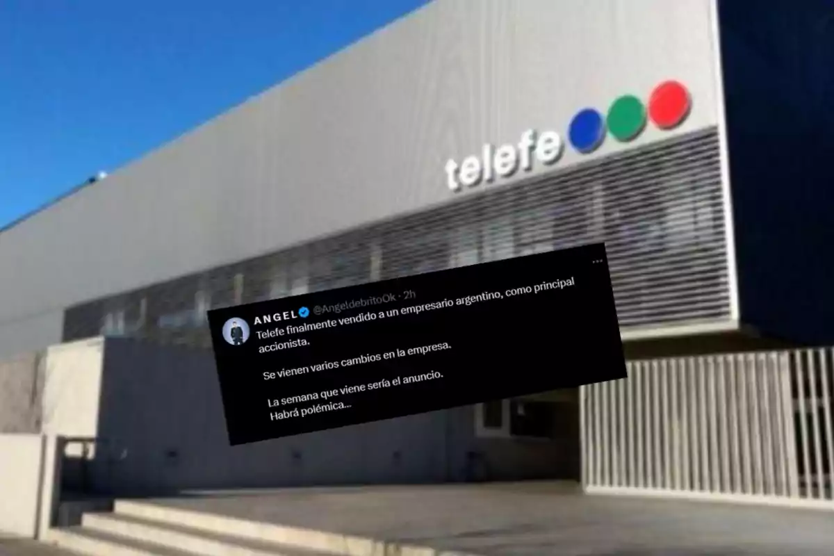 Telefe building with a tweet overlaid reporting the sale of the channel to an Argentine businessman and hinting at changes and controversy