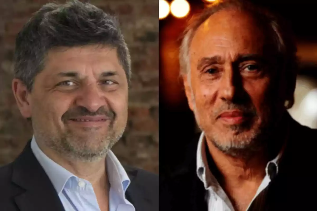 Two middle-aged men with beards and gray hair pose in separate portraits, one with a brick background and the other with a dark background and blurred lights. Two middle-aged men with beards and gray hair pose in separate portraits, one with a brick background and the other with a dark background and blurred lights.