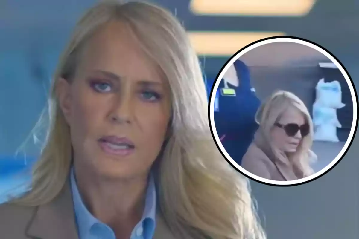 Mujer rubia de cabello largo en primer plano con expresión seria y un recuadro muestra a la misma mujer usando gafas de sol y abrigo claro acompañada por una persona con uniforme azul
