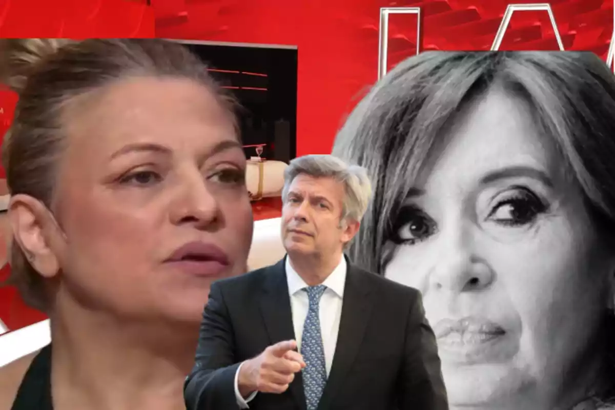 Three people in a digital composition with a red television studio background: a woman in the foreground, a man in a suit pointing, and the face of another woman in black and white in the background.