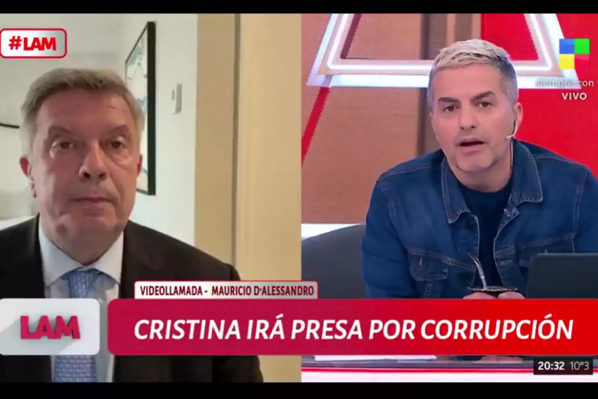 Two men are participating in a television program with a split screen; one of them appears on a video call and the other is in the studio, with a red banner that says Two men are participating in a television program with a split screen; one of them appears on a video call and the other is in the studio, with a red banner that says