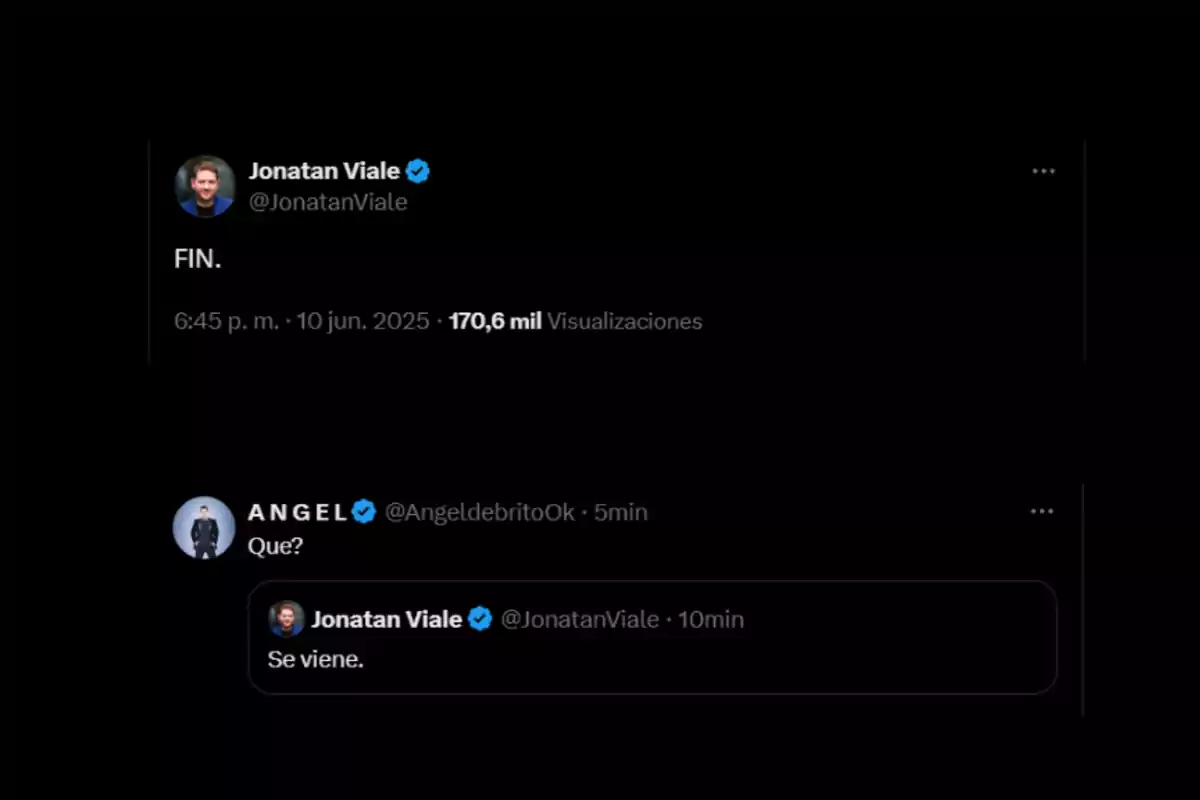 Captura de pantalla de una conversación en Twitter donde una persona publica FIN, otra responde preguntando Qué y la primera persona responde Se viene Captura de pantalla de una conversación en Twitter donde una persona publica FIN, otra responde preguntando Qué y la primera persona responde Se viene