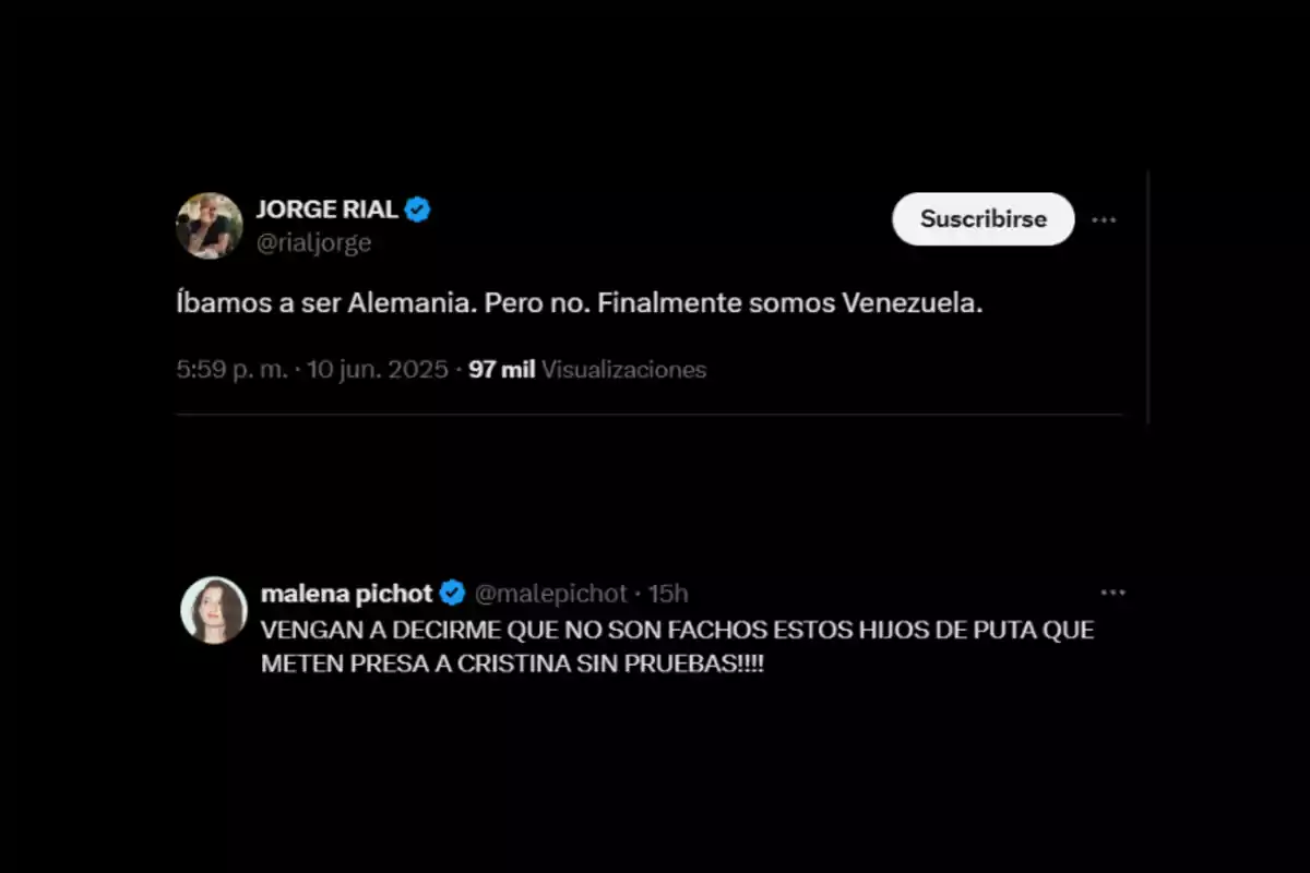 Captura de pantalla con dos tuits, uno expresa que Argentina iba a ser como Alemania pero terminó siendo como Venezuela y el otro critica fuertemente el encarcelamiento de Cristina sin pruebas Captura de pantalla con dos tuits, uno expresa que Argentina iba a ser como Alemania pero terminó siendo como Venezuela y el otro critica fuertemente el encarcelamiento de Cristina sin pruebas