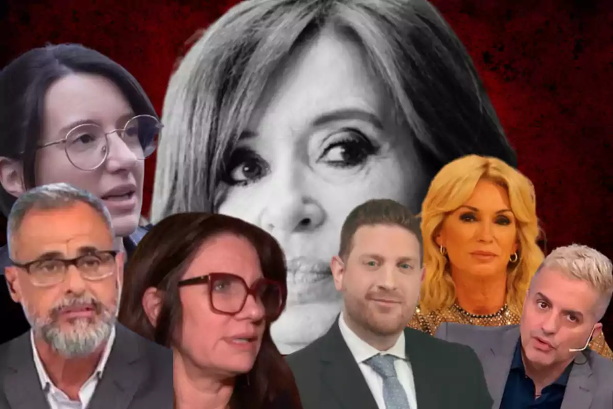 Siete personas en primer plano con expresiones serias y un fondo rojo oscuro, destacando el rostro de una mujer en blanco y negro en el centro.