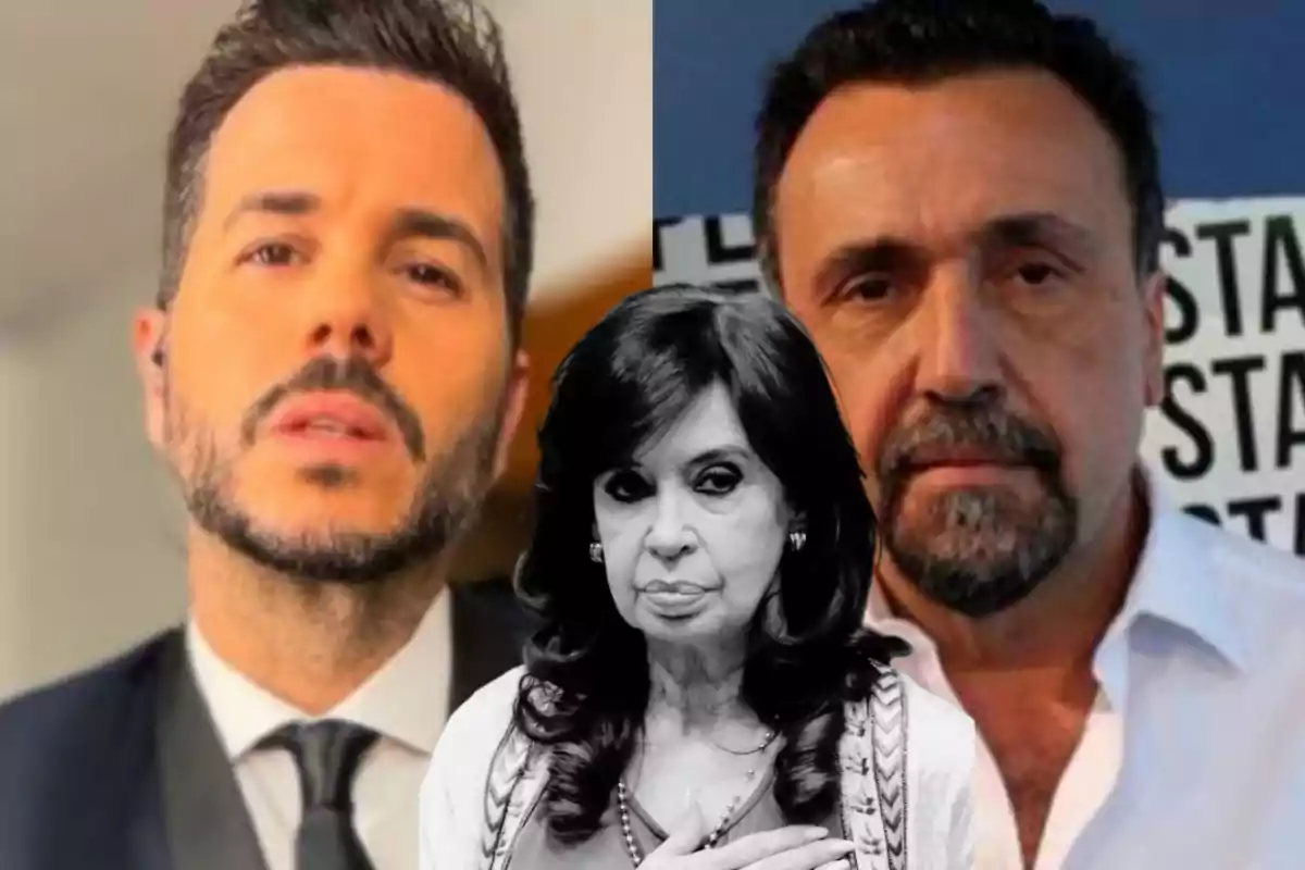 Tres personas aparecen en la imagen, dos hombres al fondo y una mujer en primer plano en blanco y negro