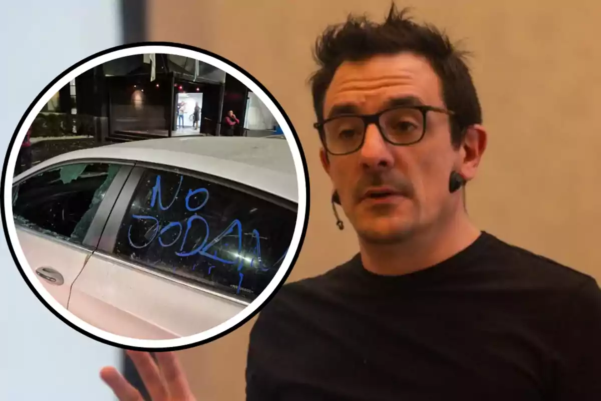 Un hombre con gafas y micrófono aparece junto a una imagen de un auto con la ventana rota y un mensaje escrito en la puerta que dice "NO JODAN".