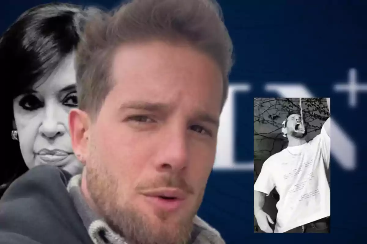A young man in the foreground with a serious expression, behind him a woman in black and white, and to the right a smaller photo of the same man shouting with headphones and a white t-jersey.