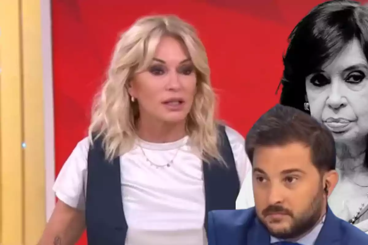 Tres personas aparecen en la imagen, una mujer rubia en primer plano con expresión seria, un hombre de traje azul en la parte inferior derecha y el rostro en blanco y negro de otra mujer al fondo sobre un fondo rojo.