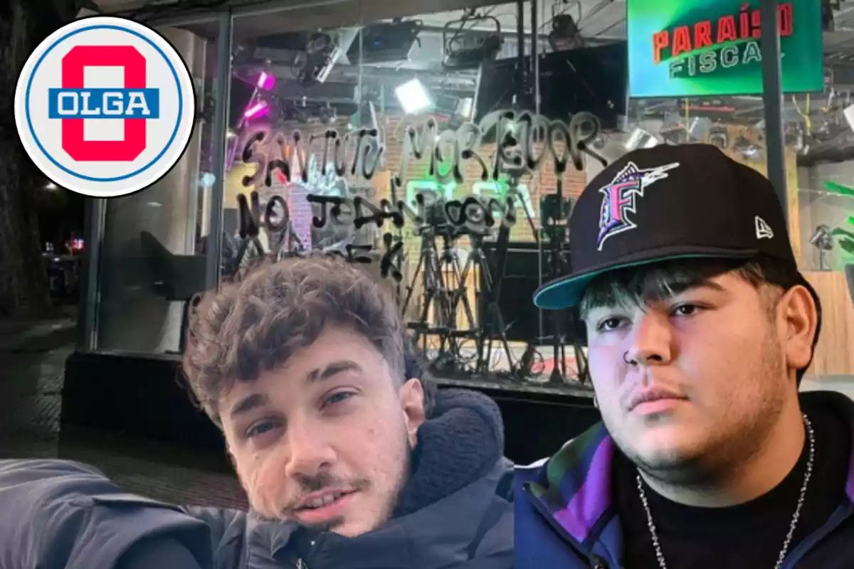 Two young people in the foreground in front of a studio window with graffiti, the Olga logo in the top left corner, and a Paraíso Fiscal sign inside the studio.