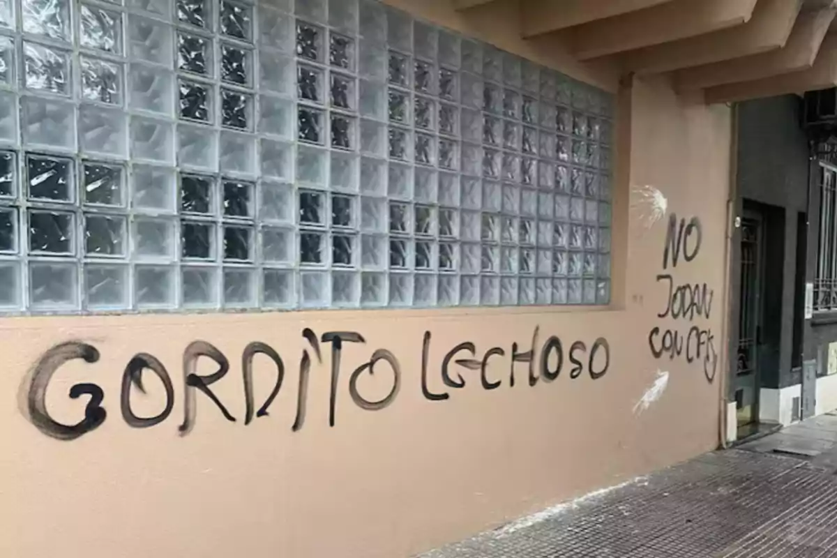 Pared de edificio con bloques de vidrio y grafitis en letras negras que dicen gordito lechoso y no jodan con cpk Pared de edificio con bloques de vidrio y grafitis en letras negras que dicen gordito lechoso y no jodan con cpk