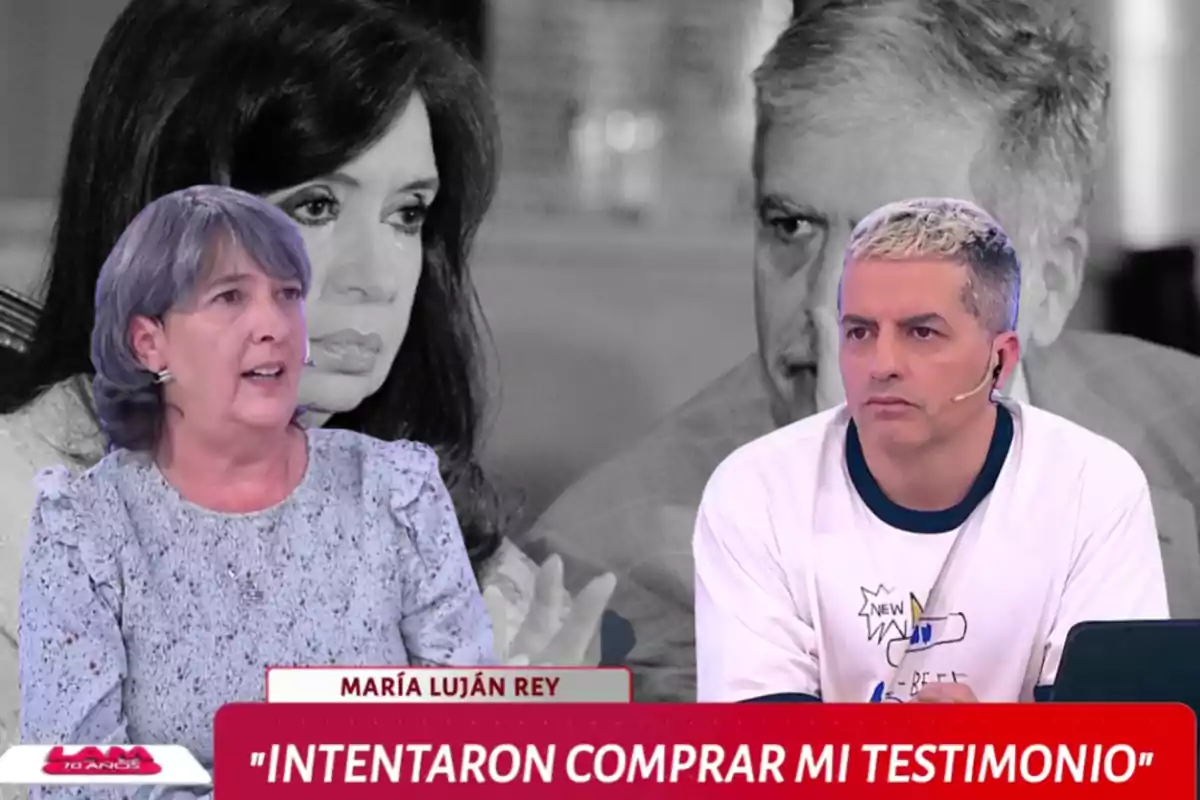 Dos personas conversan en un programa de televisión con un fondo en blanco y negro de dos rostros serios y un texto en pantalla que dice intentaron comprar mi testimonio