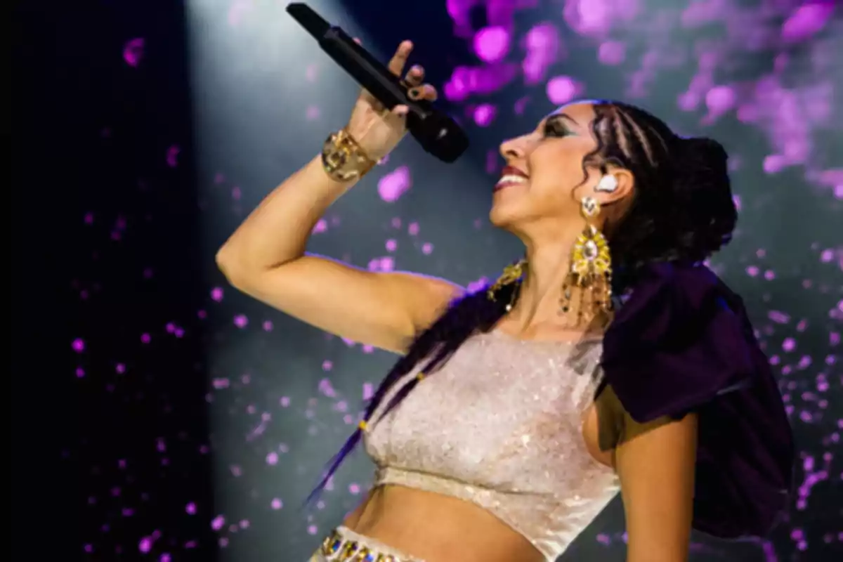 Singer with a shiny outfit and large earrings performing a song on stage with purple lights in the background