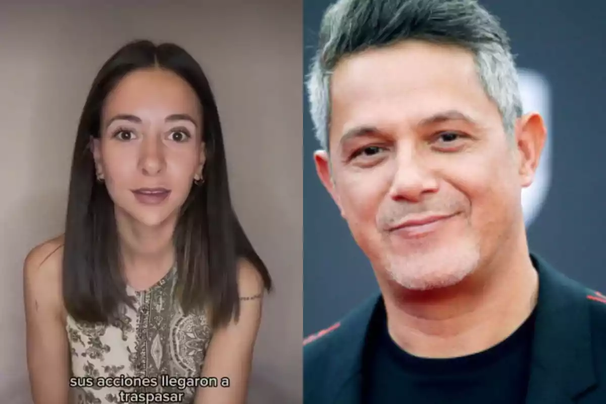 Una mujer de cabello lacio y oscuro mira a la cámara con expresión seria mientras un hombre de cabello canoso sonríe levemente en un fondo oscuro