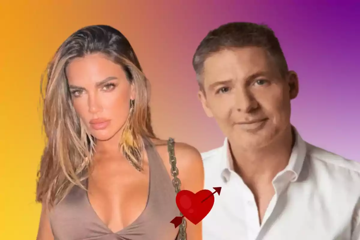 Una mujer y un hombre posan juntos sobre un fondo degradado de colores cálidos y morados con un corazón rojo atravesado por una flecha entre ellos