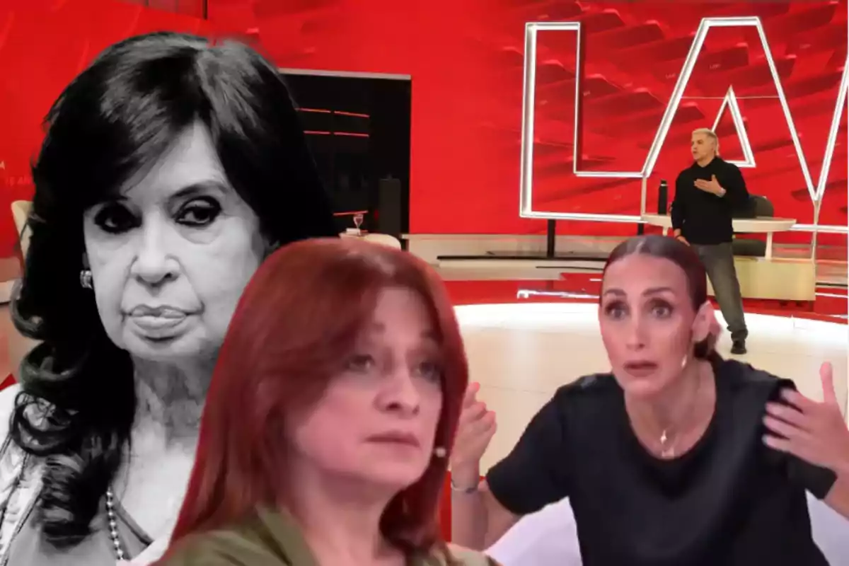 Montaje de varias personas en un estudio de televisión con fondo rojo y letras grandes en blanco