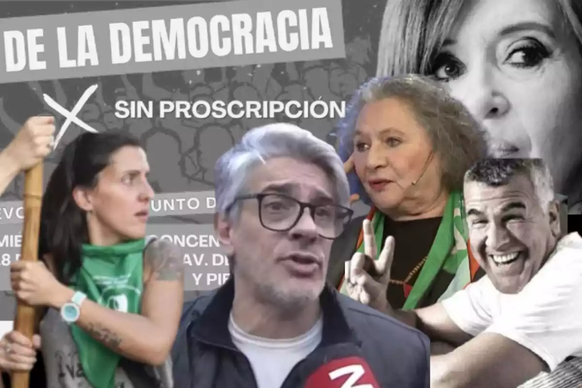 Several people in the foreground with diverse expressions in front of a background with text related to democracy and the slogan "no proscription."