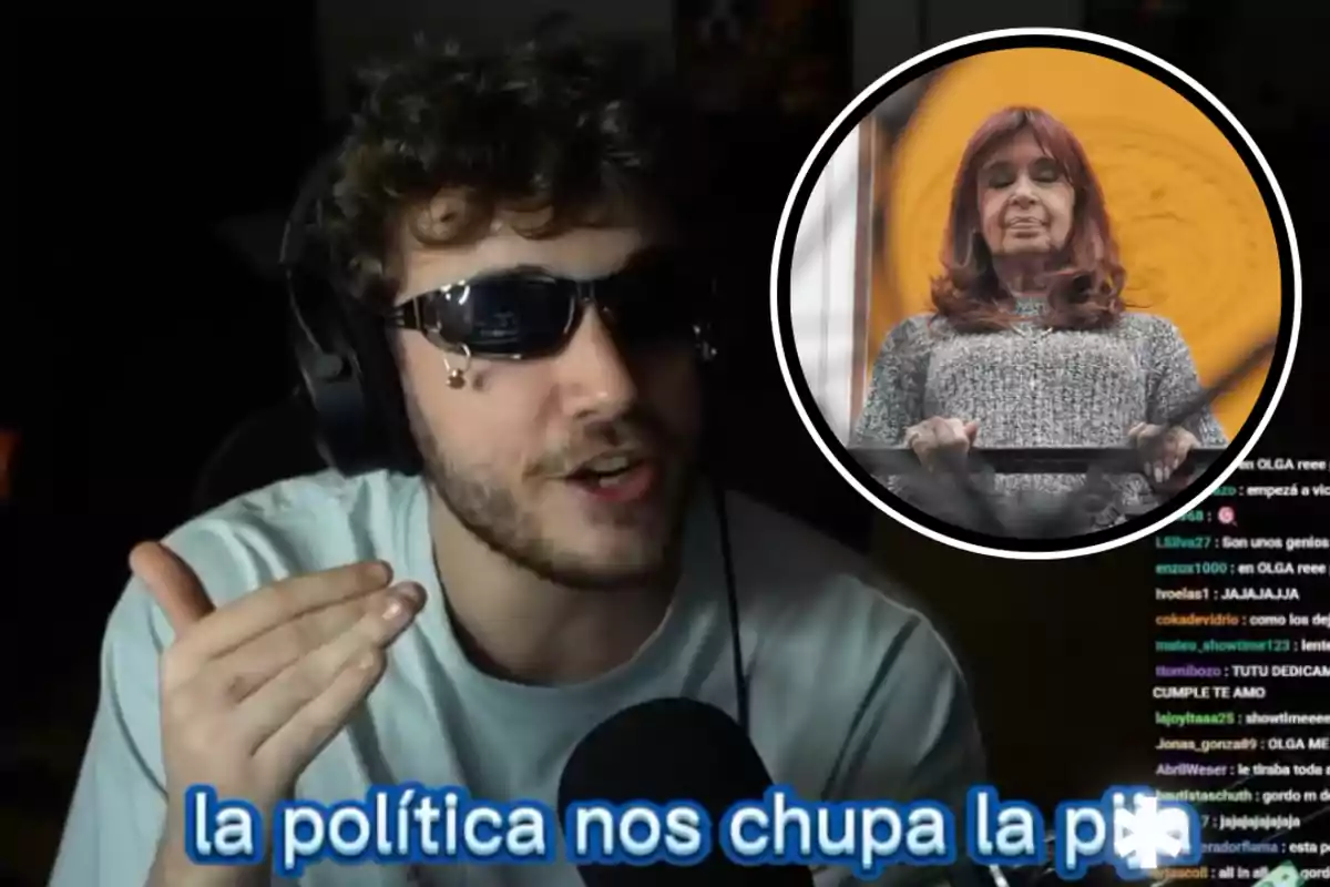 Young man with dark glasses and headphones speaking in front of a microphone, with text at the bottom that says "politics sucks our di" and a circular frame with the image of an older woman with reddish hair.