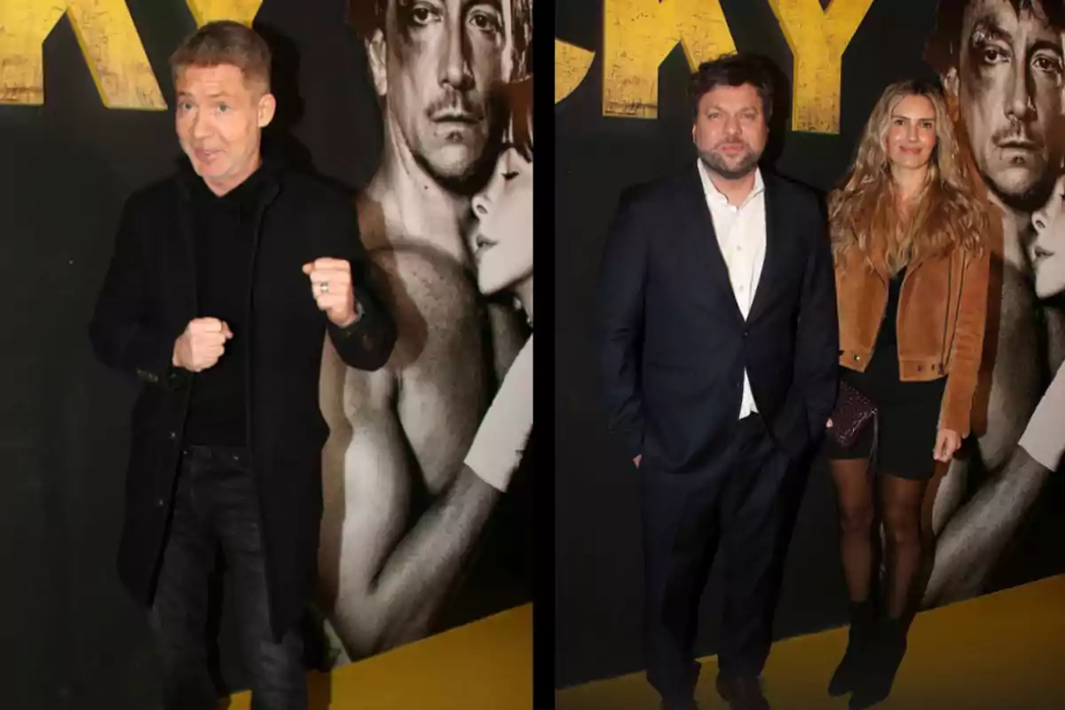 Three people pose on a yellow carpet in front of a promotional movie backdrop; two of them are together, and one stands alone striking a boxing pose. Three people pose on a yellow carpet in front of a promotional movie backdrop; two of them are together, and one stands alone striking a boxing pose.
