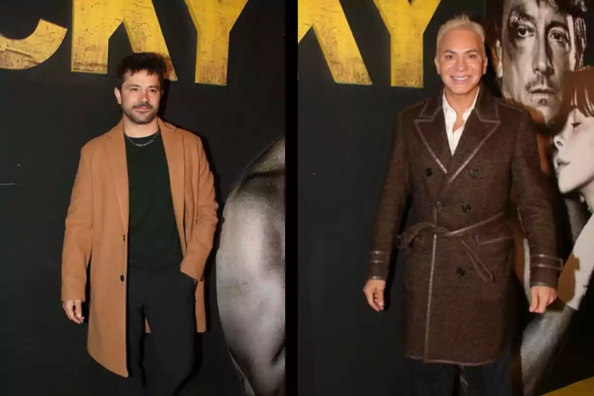 Two men pose separately in front of a dark background with large yellow letters; both are wearing long coats and are smiling. Two men pose separately in front of a dark background with large yellow letters; both are wearing long coats and are smiling.