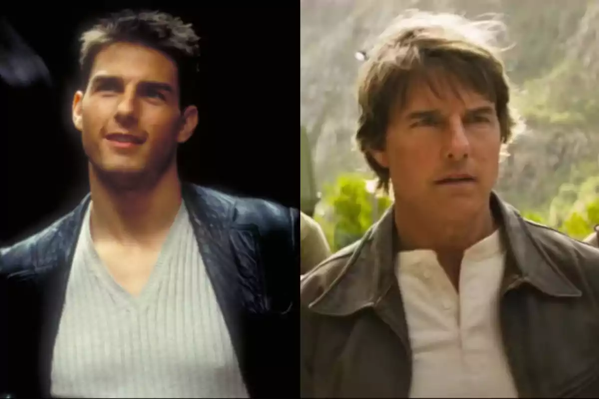 Comparación de un hombre joven y el mismo hombre de mayor edad ambos usando chaqueta de cuero Comparación de un hombre joven y el mismo hombre de mayor edad ambos usando chaqueta de cuero
