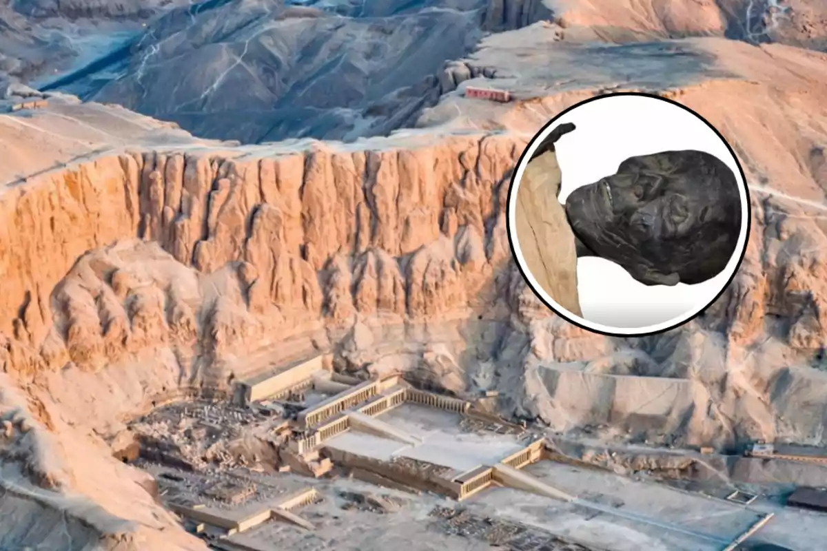 Aerial view of an ancient Egyptian temple in a desert valley with an inset showing a mummy.