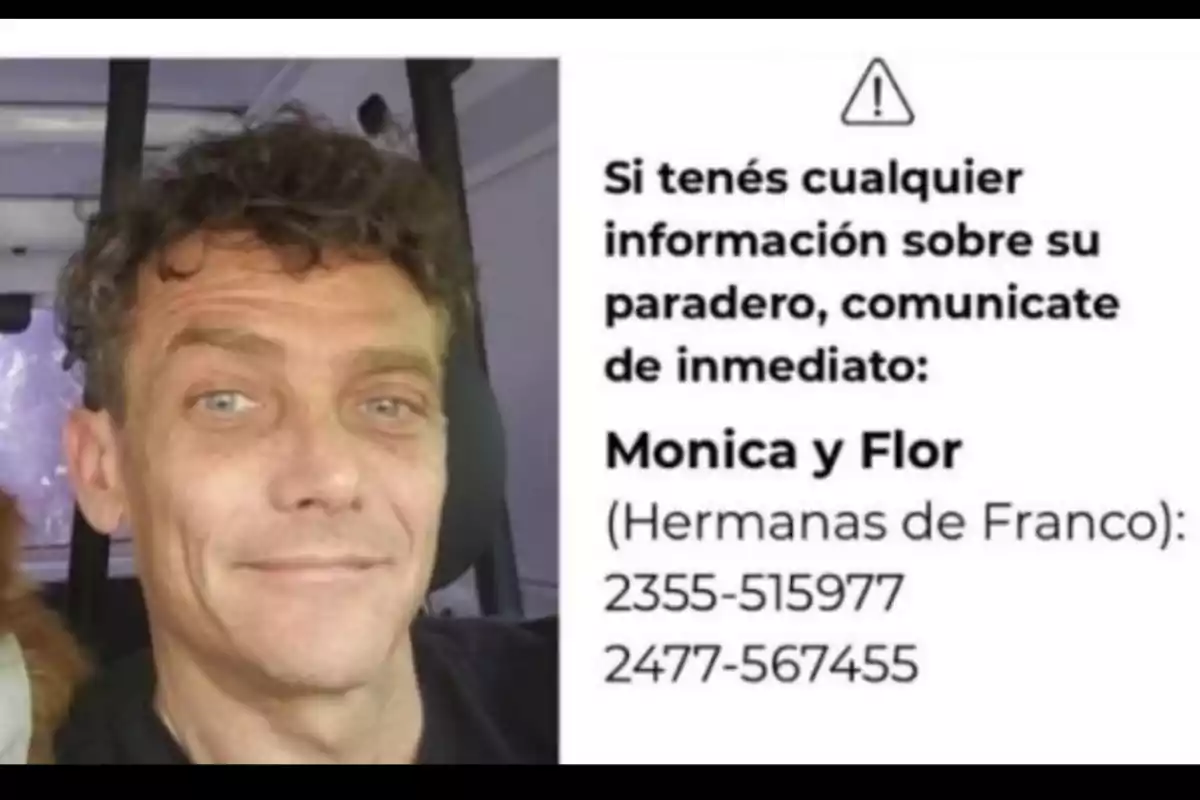 Light-eyed, curly-haired man accompanied by a missing person message requesting information about his whereabouts and providing two contact numbers to reach Mónica and Flor, Franco’s sisters. Light-eyed, curly-haired man accompanied by a missing person message requesting information about his whereabouts and providing two contact numbers to reach Mónica and Flor, Franco’s sisters.