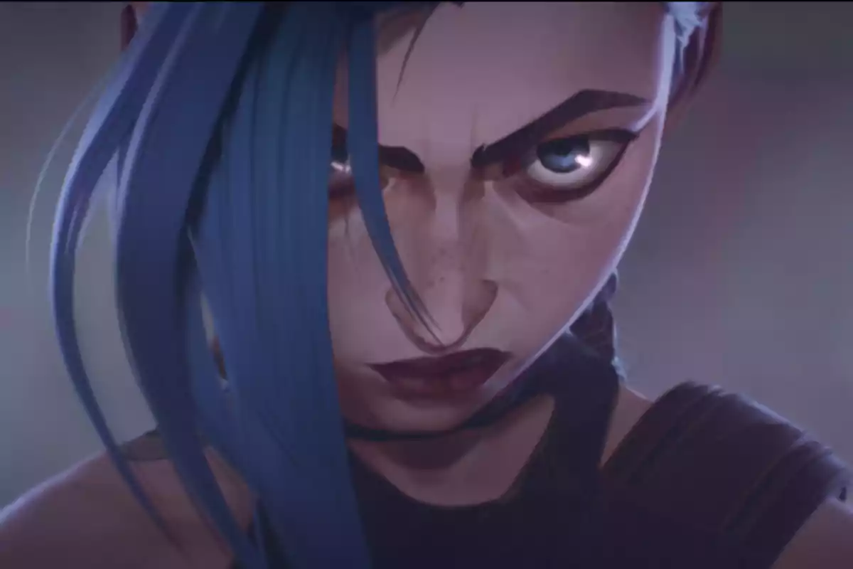 Close-up of an animated character with blue hair and a serious expression