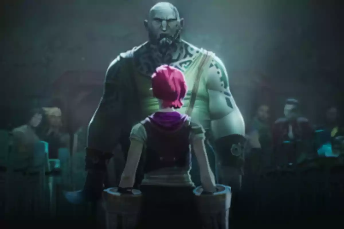Two animated characters face off in a dark and tense setting while several people watch in the background. Two animated characters face off in a dark and tense setting while several people watch in the background.