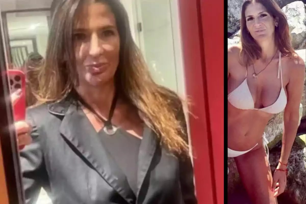 Brown-haired woman posing in two photos, one wearing a black jacket in front of a mirror and the other in a white bikini outdoors. Brown-haired woman posing in two photos, one wearing a black jacket in front of a mirror and the other in a white bikini outdoors.