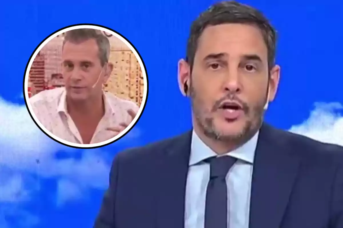 Un presentador de noticias en un estudio con un recuadro que muestra a otra persona hablando.