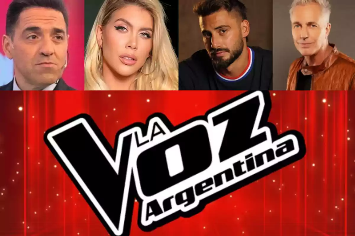 Cuatro personas sobre un fondo rojo con el logo de "La Voz Argentina".