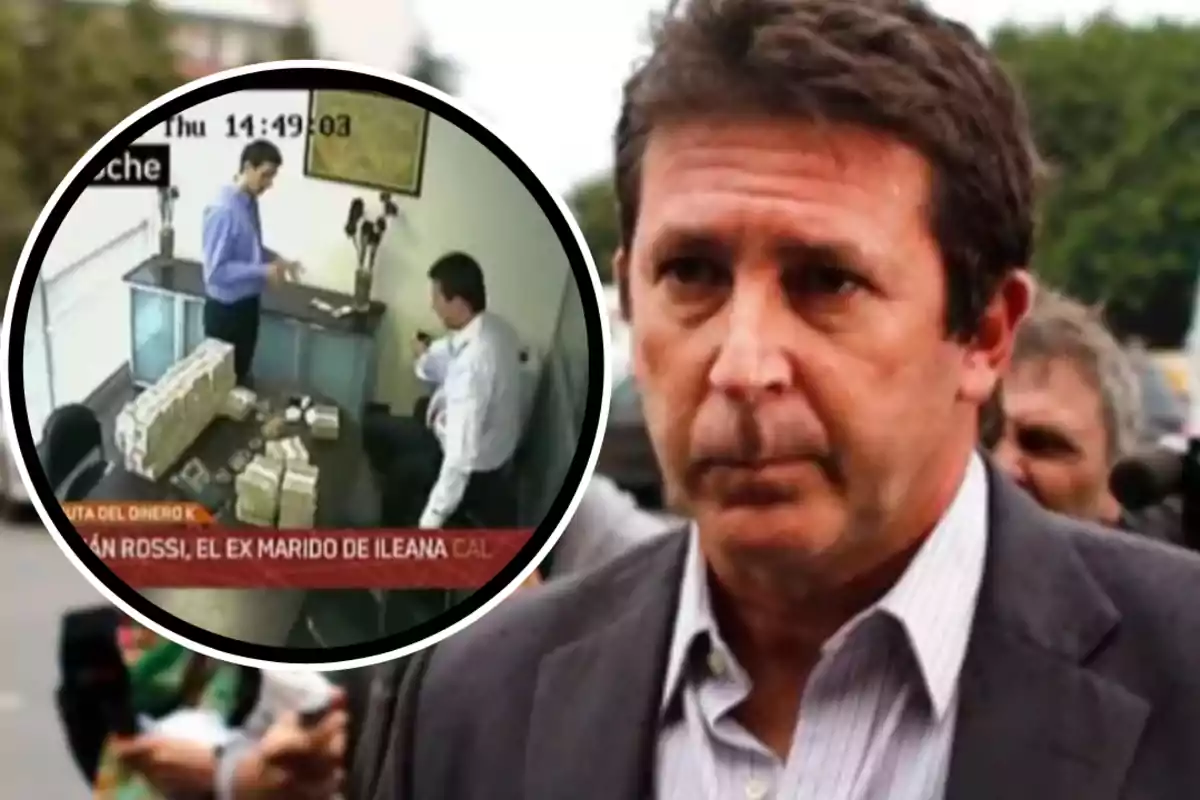 Hombre de traje con expresión seria en primer plano y en un recuadro se muestra una escena de oficina con dos personas y varios fajos de dinero sobre una mesa