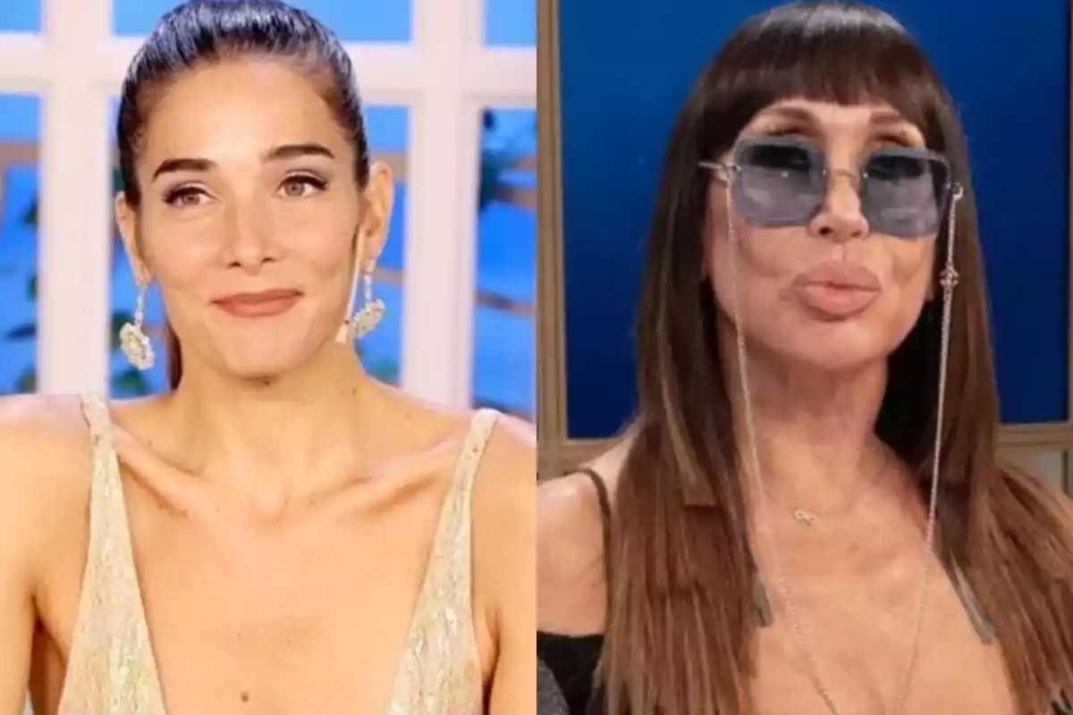 Dos mujeres posan en un entorno de estudio, una lleva un vestido brillante y la otra gafas de sol grandes.