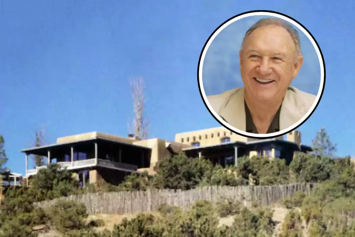 A large house on a hill surrounded by greenery with a circle showing a smiling man.