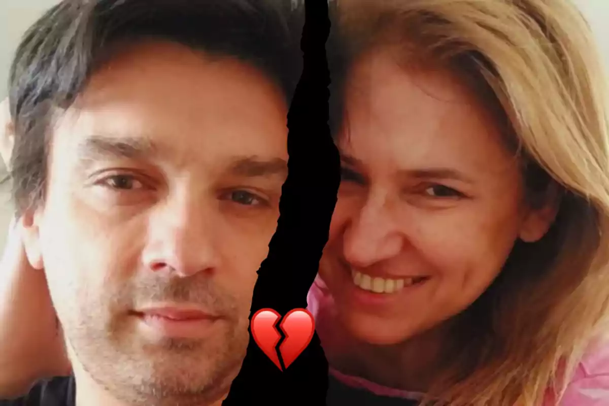 Photo of a man and a woman separated by a black line with a broken heart emoji in the center