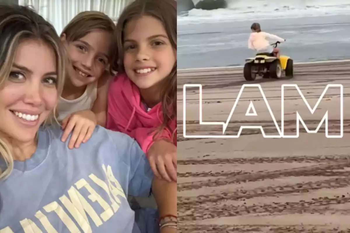 Una mujer sonriente con dos niñas posando para una foto y una persona conduciendo un cuatriciclo en la playa con el texto LAM superpuesto.