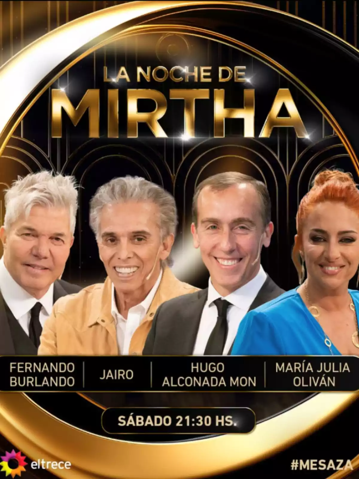Four smiling people pose in front of a black and gold background with the text Four smiling people pose in front of a black and gold background with the text
