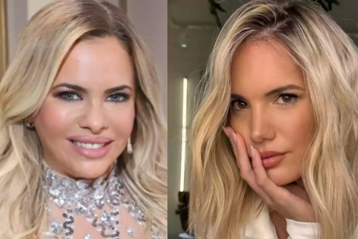 Dos mujeres rubias posan para la cámara en diferentes escenarios una lleva un vestido brillante y la otra apoya su mano en el rostro