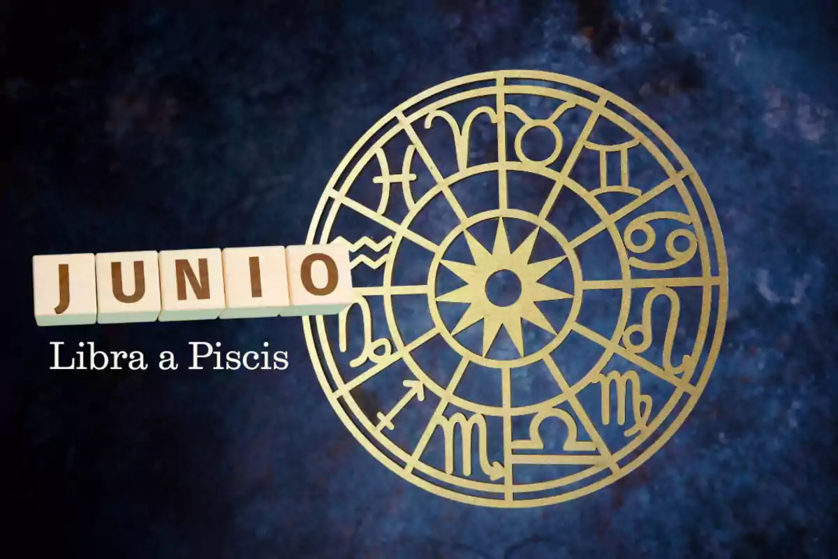 Imagen con fondo azul oscuro que muestra un círculo dorado con los signos zodiacales y la palabra JUNIO en bloques de madera junto al texto Libra a Piscis