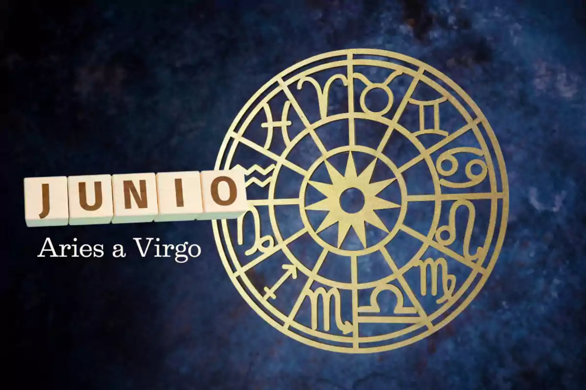 Image with a dark blue background, a golden circle with zodiac symbols, and the word JUNE on wooden blocks next to the text Aries to Virgo