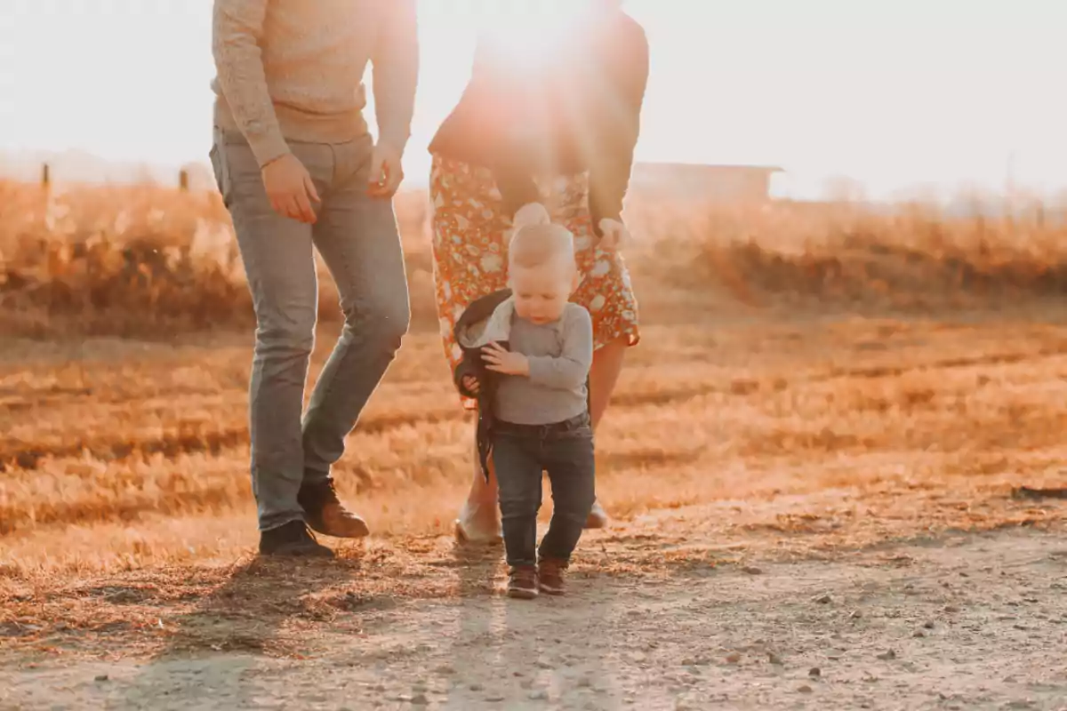 Un niño pequeño caminando por un campo al atardecer acompañado de dos adultos Un niño pequeño caminando por un campo al atardecer acompañado de dos adultos