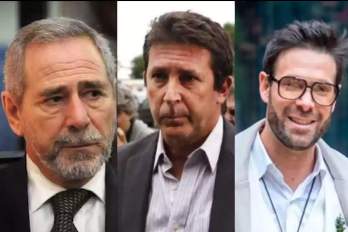 Tres hombres de mediana edad y mayores, vestidos con ropa formal, posan en retratos individuales colocados uno junto al otro.