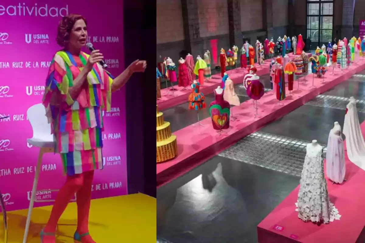 A person dressed in a colorful outfit speaks at a fashion event, while on the right, several mannequins with vibrant designs are displayed in a spacious and well-lit area.